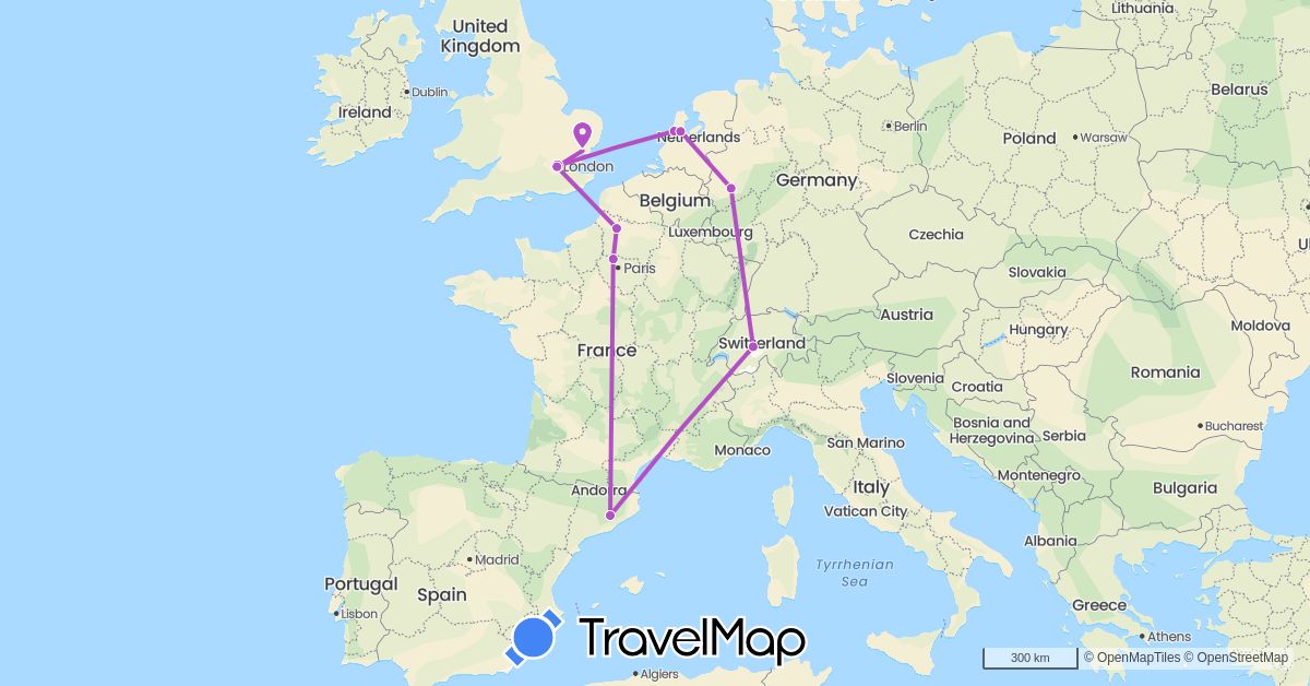 TravelMap itinerary: driving, train in Switzerland, Germany, Spain, France, United Kingdom, Netherlands (Europe)
